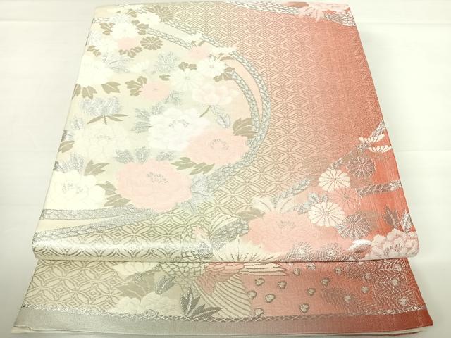 平和屋着物◎六通柄袋帯 唐織 結び紐花文 銀糸 正絹 逸品 AABC2403yx