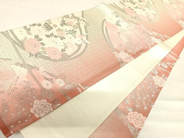平和屋着物◎六通柄袋帯 唐織 結び紐花文 銀糸 正絹 逸品 AABC2403yx
