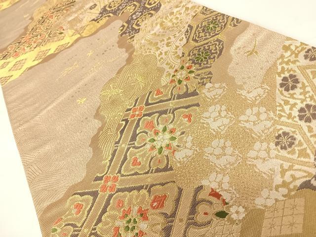 平和屋着物◎六通柄袋帯 唐織 吉祥花文 金糸 正絹 逸品 AABC2476yx