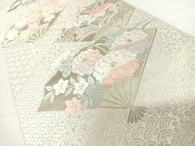 平和屋着物◎六通柄袋帯 唐織 扇面花文 銀糸 正絹 逸品 AABC2486yx