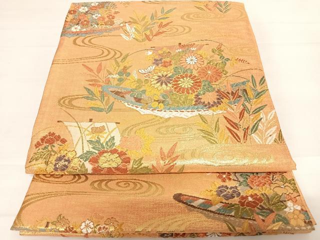 平和屋着物◎六通柄袋帯 唐織 花筏 金糸 正絹 逸品 AABC2495yx