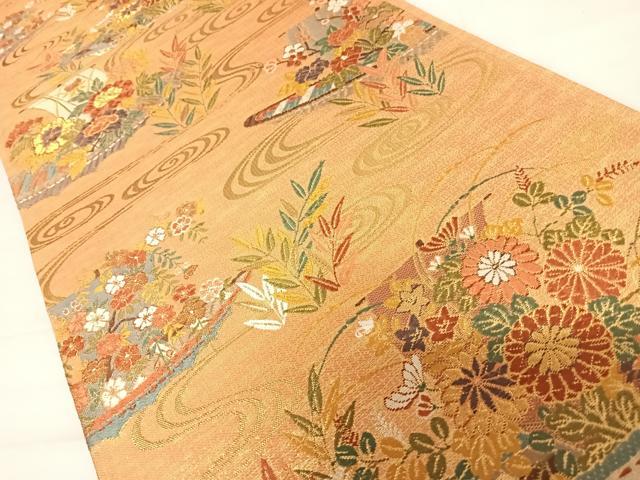 平和屋着物◎六通柄袋帯 唐織 花筏 金糸 正絹 逸品 AABC2495yx