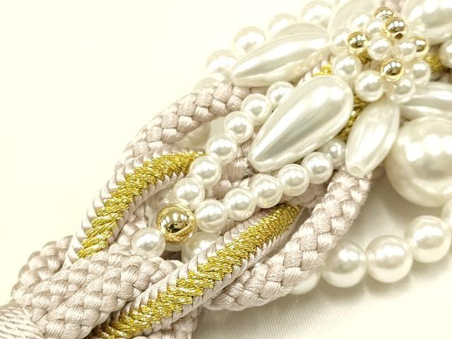 平和屋着物●和装小物 振袖用帯締め 装飾 パール ビーズ 金糸 撚り房 逸品 未使用 AABC2610ay