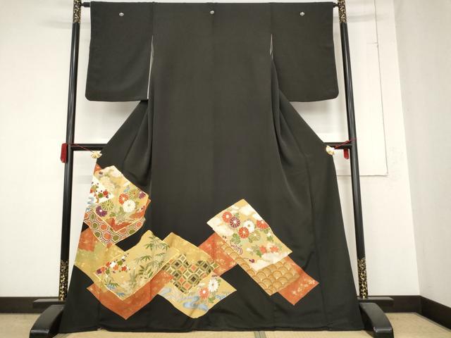平和屋着物■豪華黒留袖 駒刺繍 色紙草花文 金彩 正絹 逸品 AABC2870st