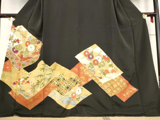 平和屋着物■豪華黒留袖 駒刺繍 色紙草花文 金彩 正絹 逸品 AABC2870st