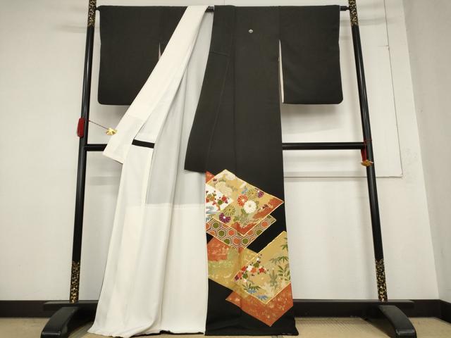 平和屋着物■豪華黒留袖 駒刺繍 色紙草花文 金彩 正絹 逸品 AABC2870st