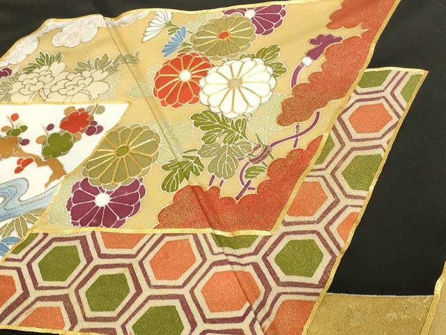 平和屋着物■豪華黒留袖 駒刺繍 色紙草花文 金彩 正絹 逸品 AABC2870st
