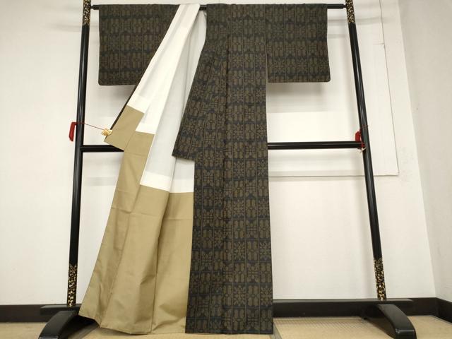 平和屋着物■上質な紬 格子花文 正絹 逸品 AABC2936st