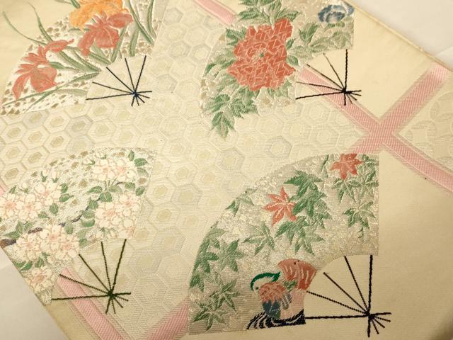 平和屋着物◎六通柄袋帯 唐織 扇面花文 金銀糸 正絹 逸品 AABC3065dt