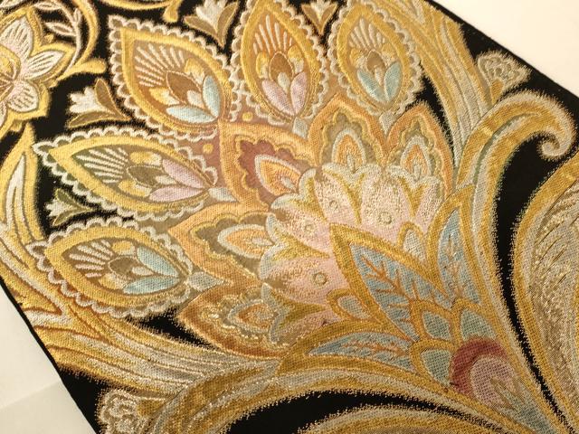 平和屋着物◎六通柄袋帯 更紗花文 黒地 金銀糸 正絹 逸品 AABC3067dt