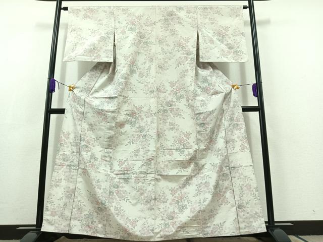 平和屋着物▽上質な紬 単衣 草花文 正絹 逸品 AABC3197jh