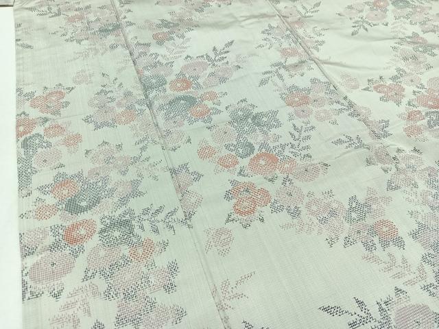平和屋着物▽上質な紬 単衣 草花文 正絹 逸品 AABC3197jh