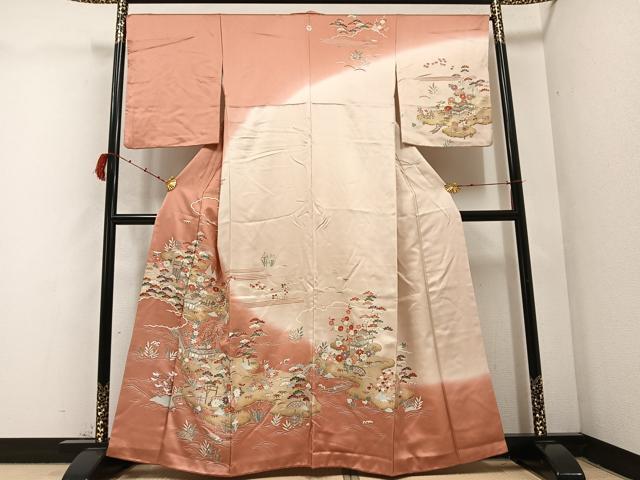 平和屋着物●訪問着 友禅 駒刺繍 松竹梅風景文 暈し染め 金彩 正絹 逸品 AABC3346ph