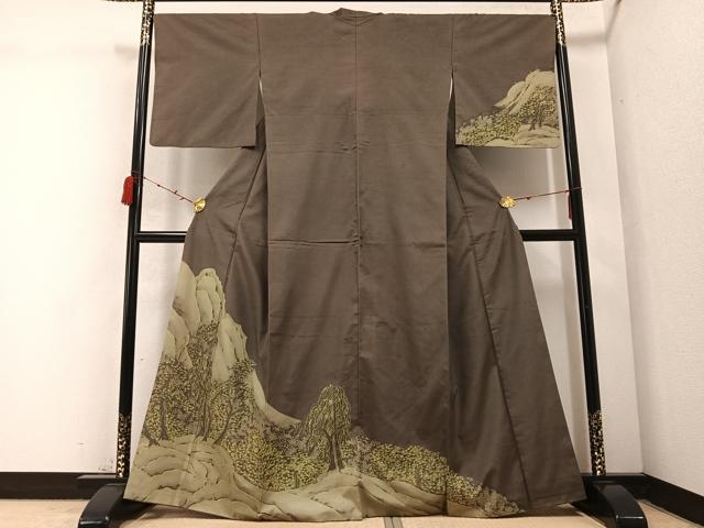 平和屋着物●訪問着 紬地 手描き 樹林文 正絹 逸品 AABC3391ph