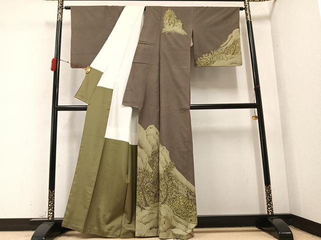 平和屋着物●訪問着 紬地 手描き 樹林文 正絹 逸品 AABC3391ph