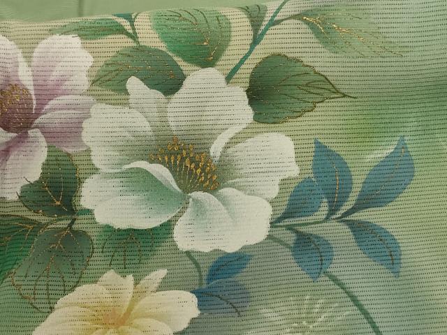 平和屋着物*夏物 訪問着 絽 手描き 草花文 金彩 正絹 逸品 AABC3518jd