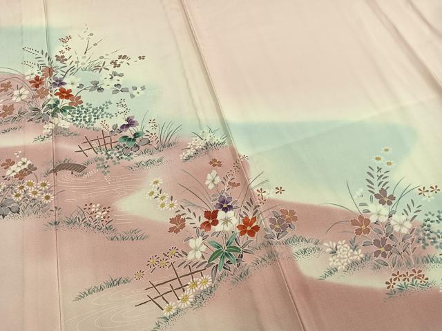 平和屋着物▽訪問着 単衣 草花文 暈し染め 金彩 正絹 逸品 AABC3723fy