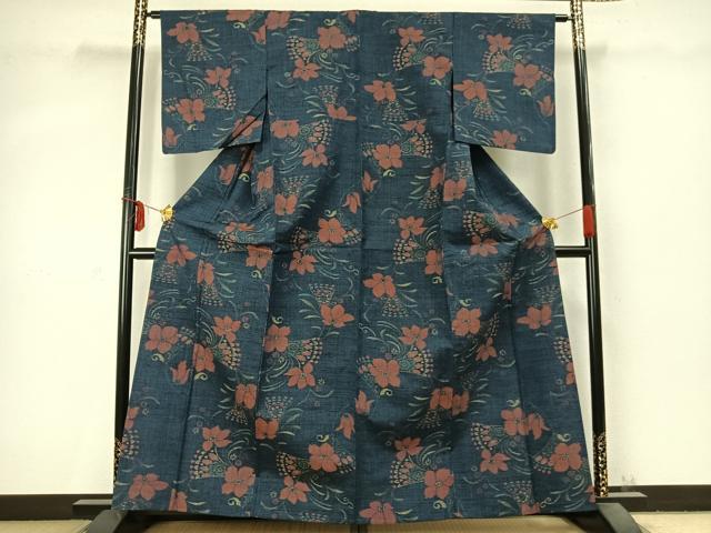平和屋着物▽上質な紬 単衣 草花文 正絹 逸品 AABC3724fy