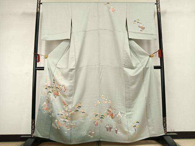 平和屋着物▽訪問着 単衣 雲取り草花文 金銀彩 正絹 逸品 AABC3732fy