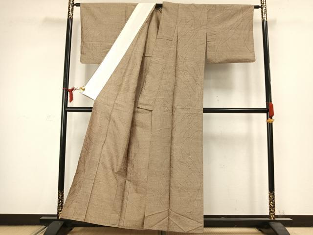 平和屋着物▽上質な紬 単衣 草葉文 正絹 逸品 AABC3788fy
