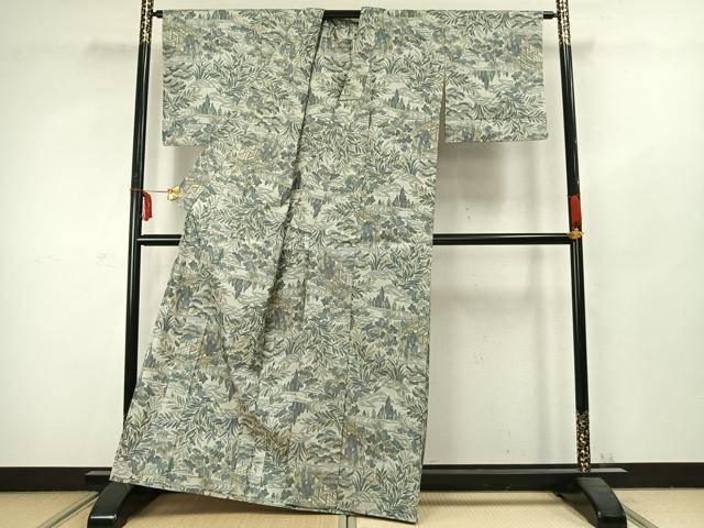 平和屋着物▽上質な紬 単衣 草花文 正絹 逸品 AABC3790fy