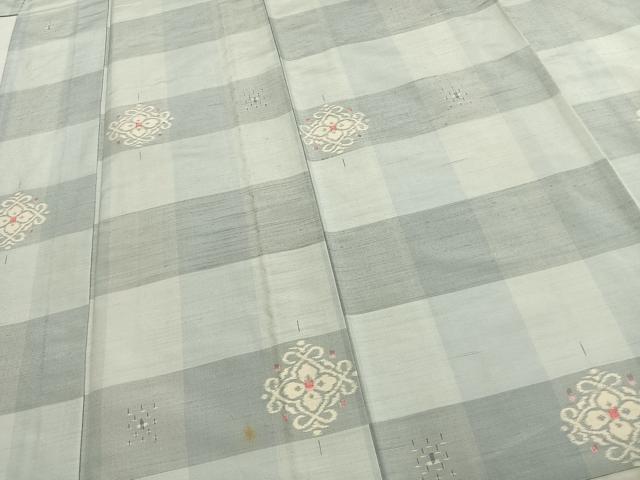 平和屋着物▽本場越後伝承紬 単衣 吉祥花文 反端付き 正絹 逸品 AABC3802fy
