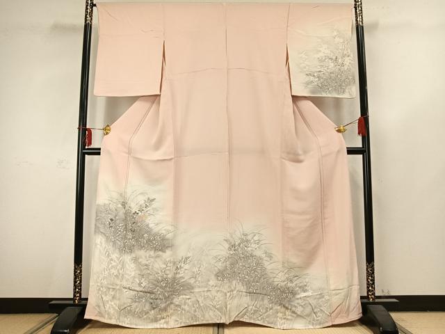 平和屋着物▽訪問着 単衣 手描き 刺繍 草花文 暈し染め 鬼しぼ縮緬 正絹 逸品 AABC3812fy