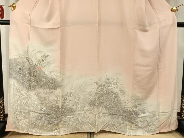 平和屋着物▽訪問着 単衣 手描き 刺繍 草花文 暈し染め 鬼しぼ縮緬 正絹 逸品 AABC3812fy