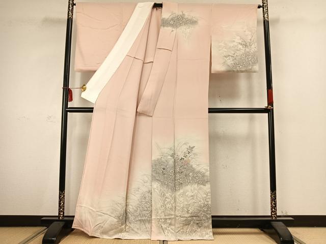 平和屋着物▽訪問着 単衣 手描き 刺繍 草花文 暈し染め 鬼しぼ縮緬 正絹 逸品 AABC3812fy