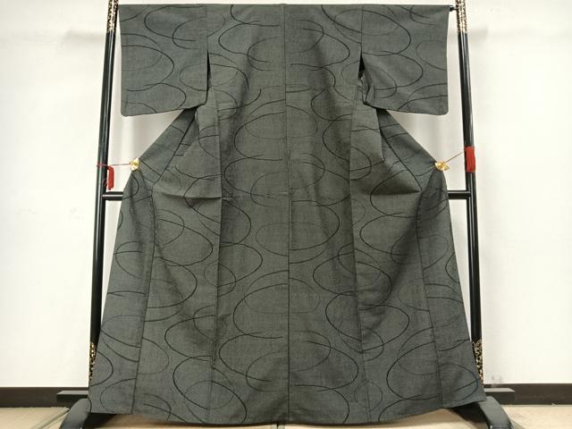 平和屋着物▽本塩沢 単衣 110亀甲 抽象文様 黒地 正絹 逸品 AABC3834fy