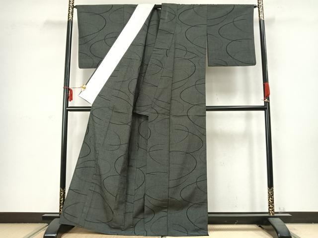 平和屋着物▽本塩沢 単衣 110亀甲 抽象文様 黒地 正絹 逸品 AABC3834fy