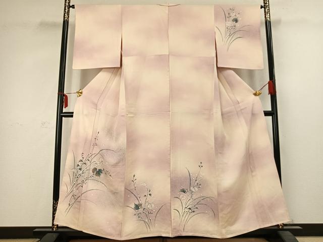 平和屋着物▽訪問着 単衣 手描き 草葉文 暈し染め 正絹 逸品 AABC3840fy