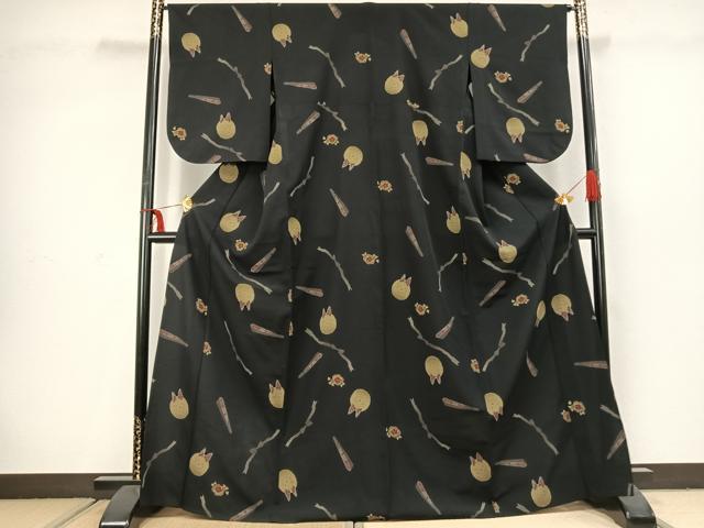 平和屋着物▽小紋 単衣 扇面花文 兎 黒地 洗える着物 AABC3853fy