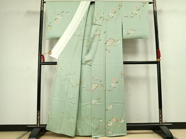 平和屋着物▽訪問着 単衣 枝花文 正絹 逸品 AABC3891fy