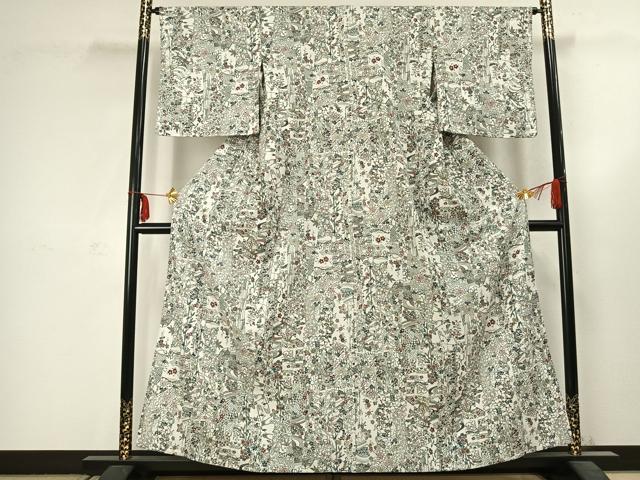 平和屋着物▽小紋 単衣 型染め 草花文 洗える着物 AABC3903fy