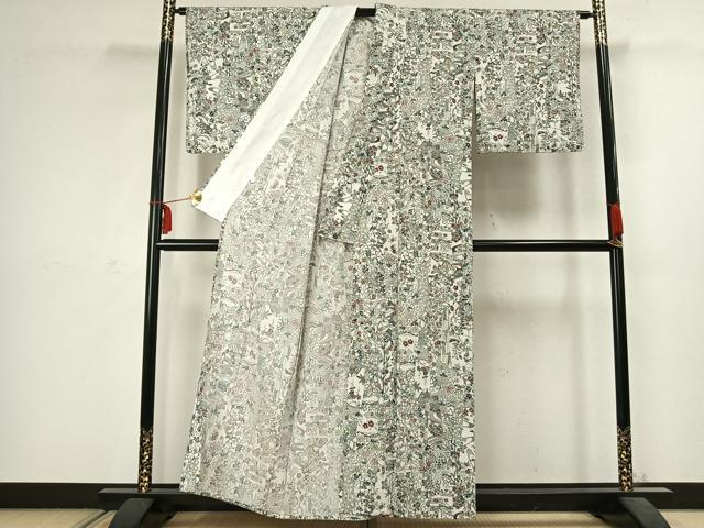 平和屋着物▽小紋 単衣 型染め 草花文 洗える着物 AABC3903fy
