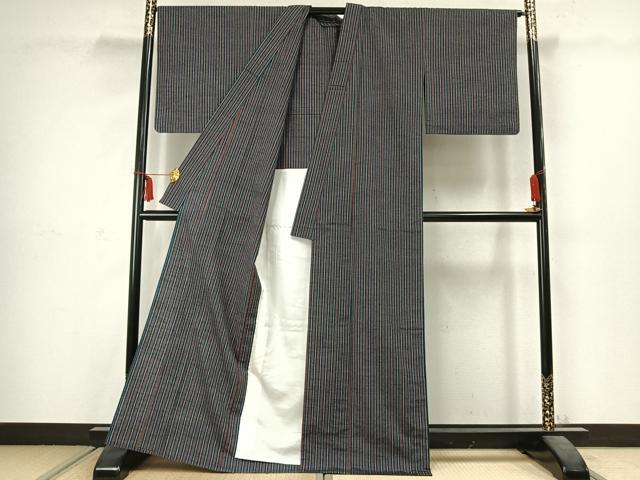 平和屋着物▽上質な紬 単衣 縞 正絹 逸品 AABC3916fy