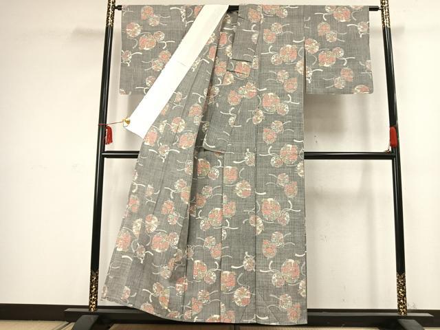 平和屋着物▽上質な紬 単衣 草花文 鈴 正絹 逸品 AABC3925fy