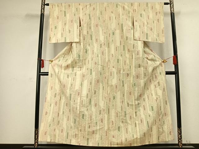 平和屋着物▽上質な紬 単衣 幾何学文様 正絹 逸品 AABC3943fy