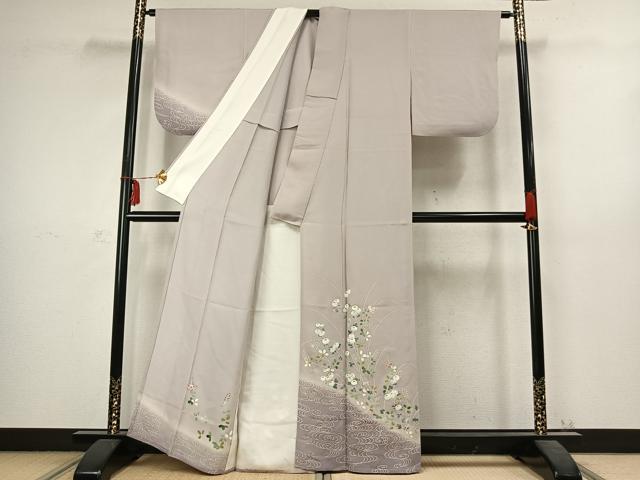 平和屋着物▽訪問着 単衣 刺繍 草花文 暈し染め 金銀糸 銀彩 正絹 逸品 AABC3950fy