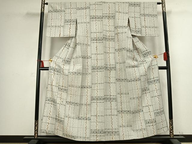 平和屋着物▽上質な紬 単衣 絞り 横段花文 正絹 逸品 AABC3982fy