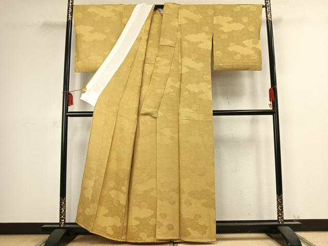 平和屋着物▽上質な色無地 単衣 雲取り花地紋 芥子色 正絹 逸品 AABC3996fy