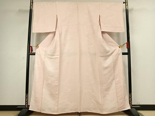 平和屋着物▽上質な色無地 単衣 雲取り花地紋 桜色 正絹 逸品 AABC3999fy