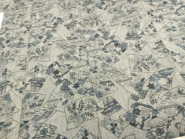 平和屋着物▽上質な紬 単衣 色紙風景花文 正絹 逸品 AABC4088fy