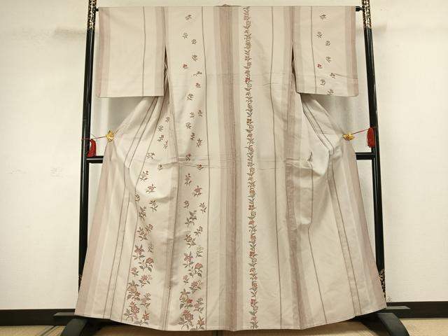 平和屋着物▽訪問着 単衣 紬地 草花間道 正絹 逸品 AABC4107fy