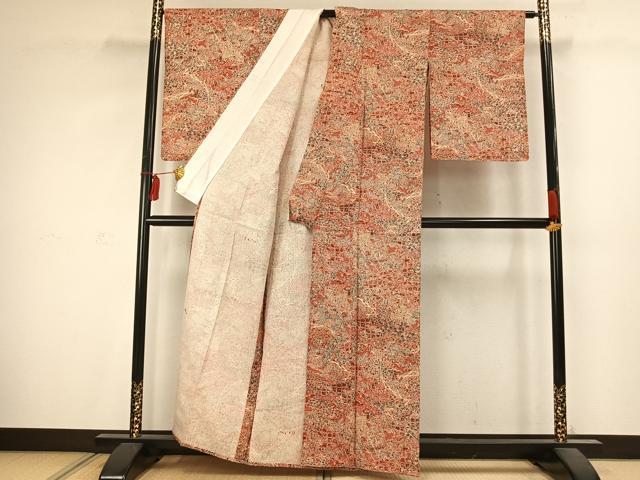 平和屋着物▽上質な小紋 単衣 御所車花文 正絹 逸品 AABC4111fy