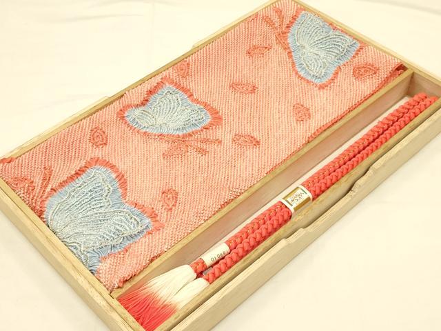 平和屋本店●和装小物 帯締め・帯揚げセット 振袖用 総絞り 舞蝶文 金糸 金彩 撚り房 正絹 逸品 未使用 AABC4388ay