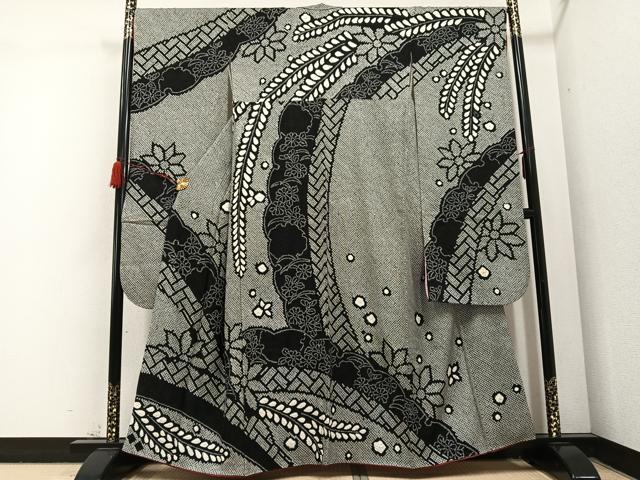 平和屋着物●豪華振袖 総絞り 草花文 黒地 正絹 逸品 AABI2616cs