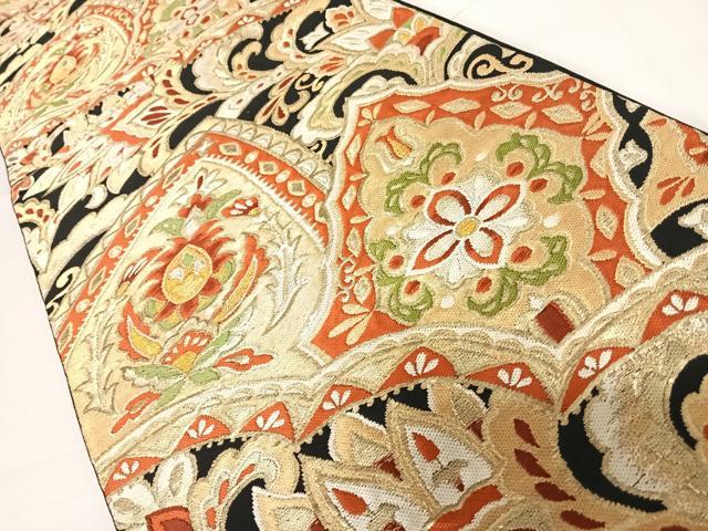 平和屋着物◎六通柄袋帯 唐織 更紗花文 黒地 金糸 正絹 逸品 AABC4526yx