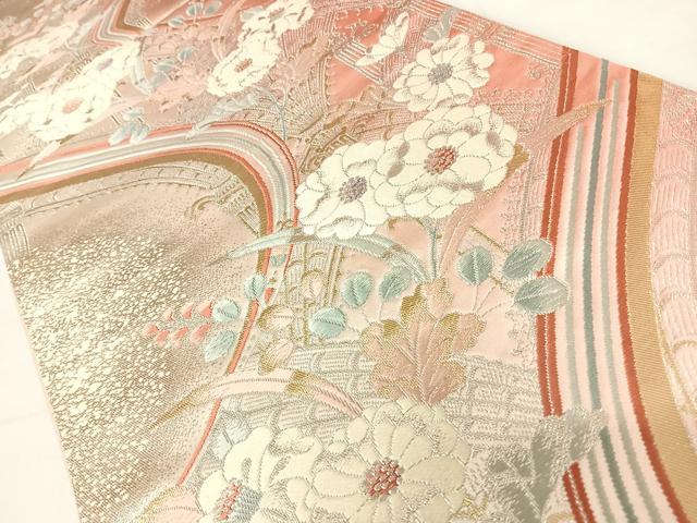 平和屋着物◎六通柄袋帯 唐織 流水花文 金銀糸 正絹 逸品 AABC4556yx